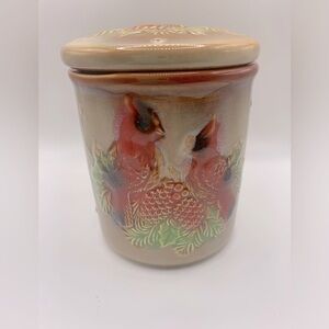 Vintage Christmas Stoneware Red Cardinal Canister